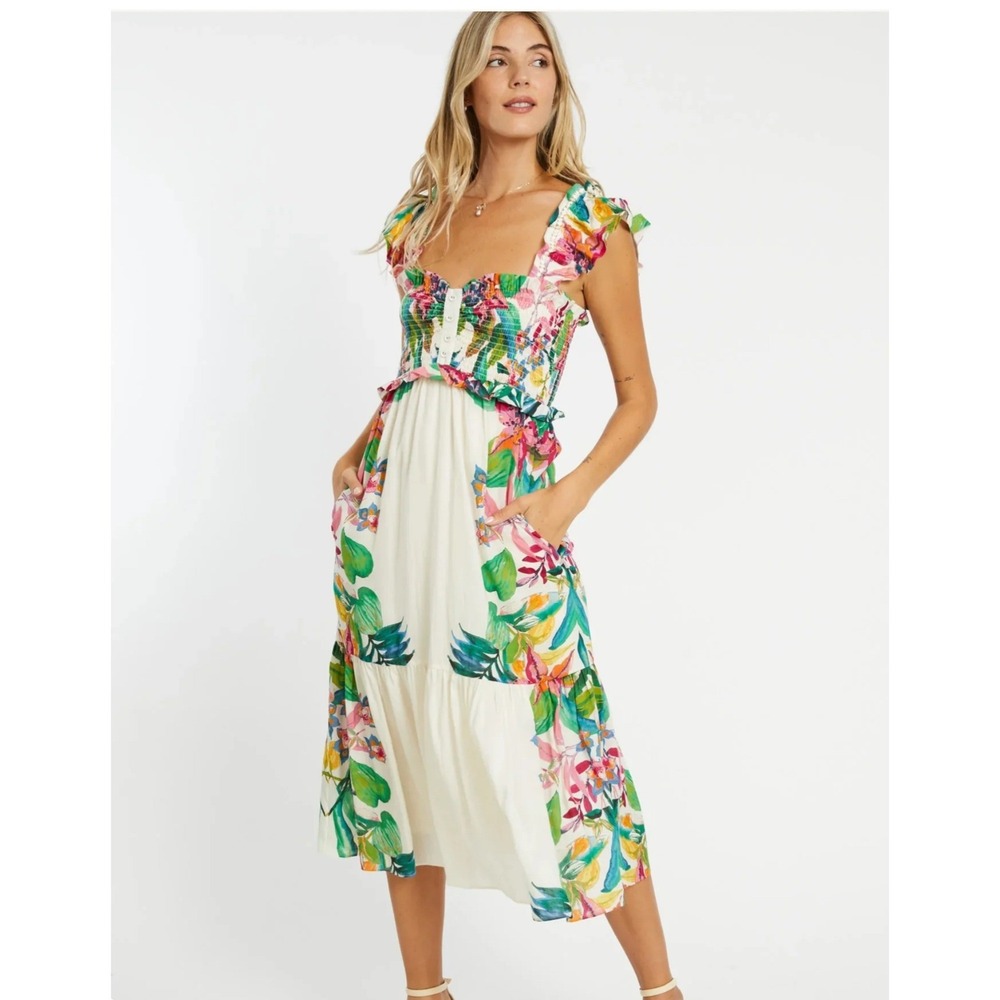 Anthropologie Caballero NYX AMAKHALA Midi DRESS Tropical Floral Print Smocked XS